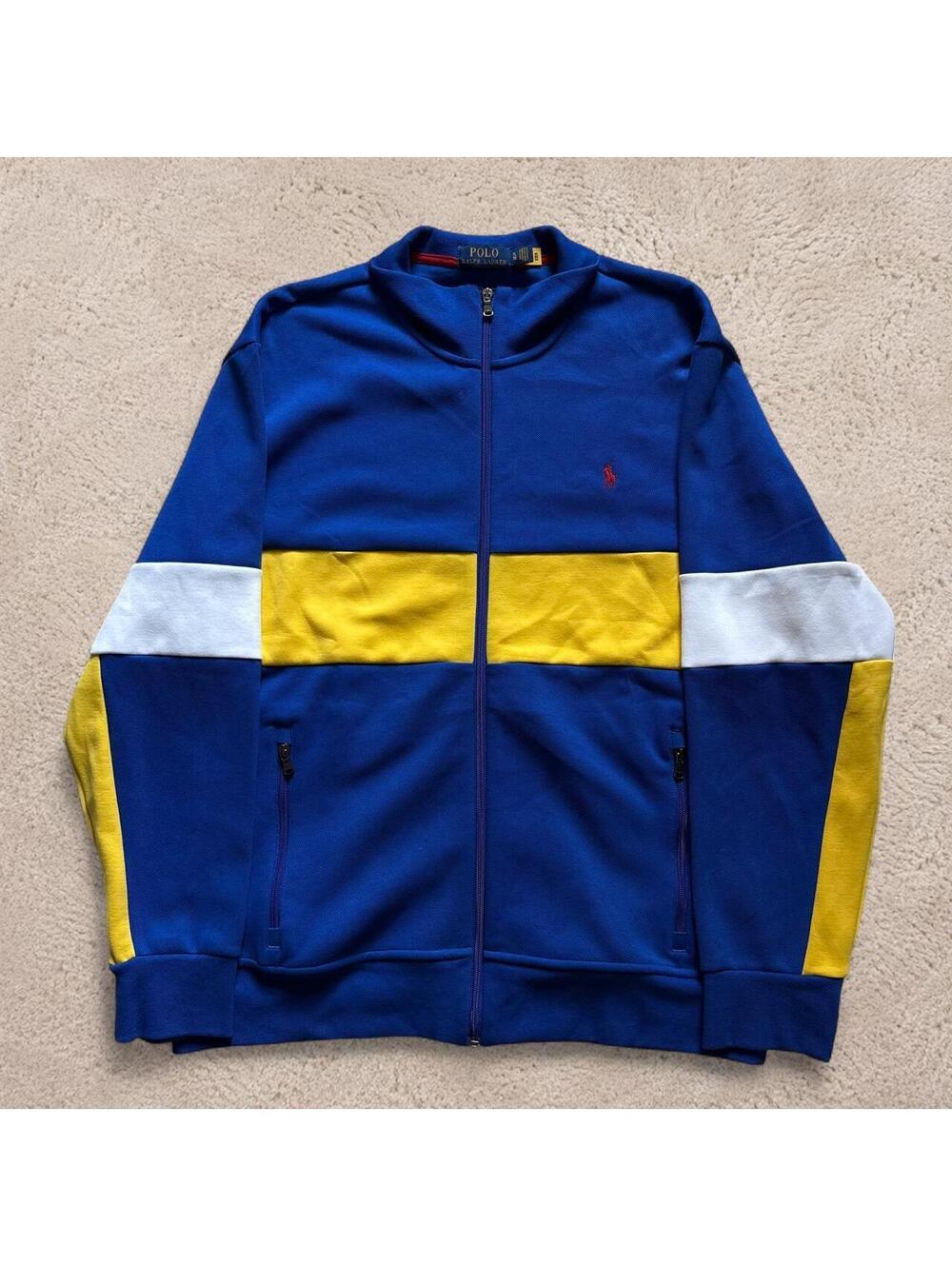 Beautiful Polo Ralph Lauren blue, yellow, and white color-blocked zip-up jacket